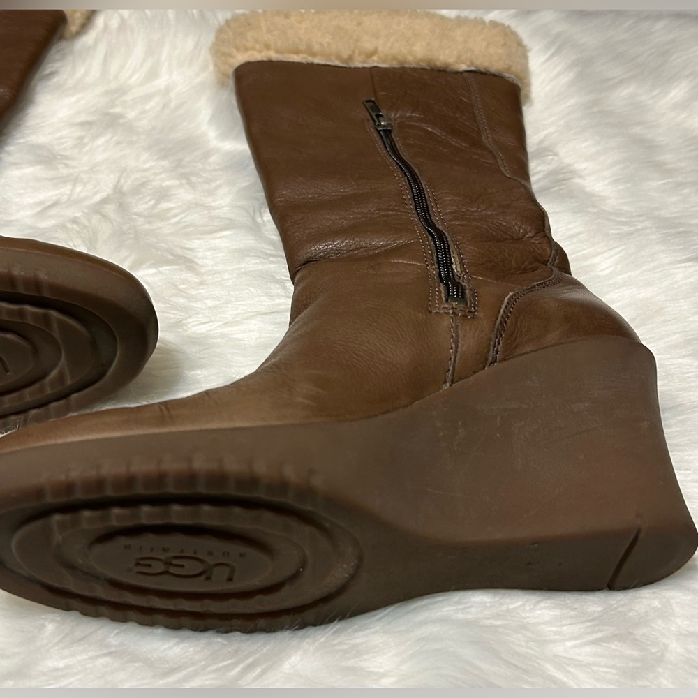 UGG Felicity Brown Shearling-Lined Mid Calf Lace Leather Wedge Boots - Picture 11 of 15
